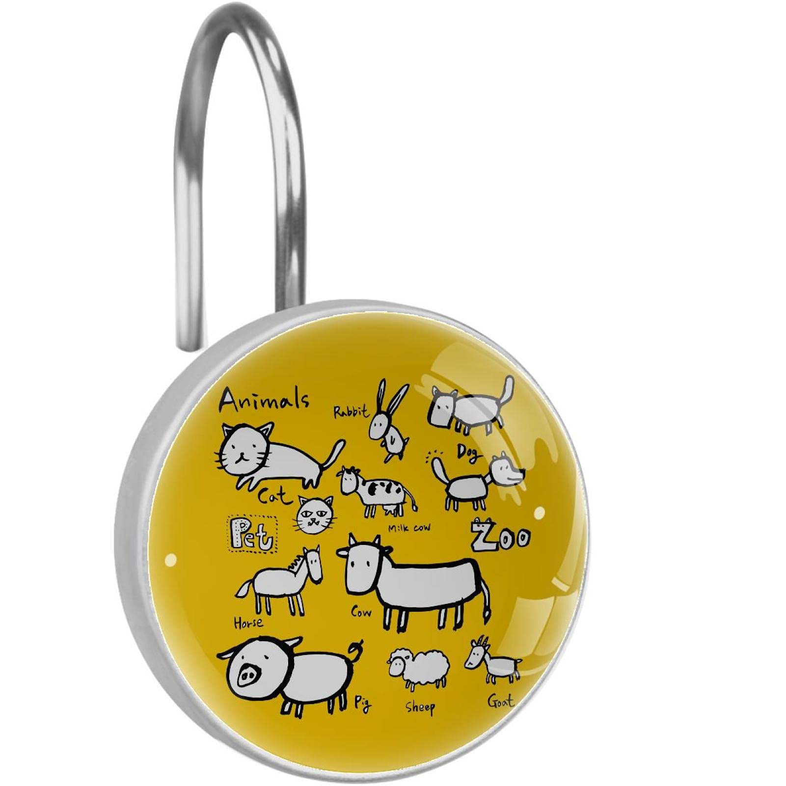 Crochets pour rideau de douche lot de 12 anneaux en acier inoxydable animaux jaunes du zoo