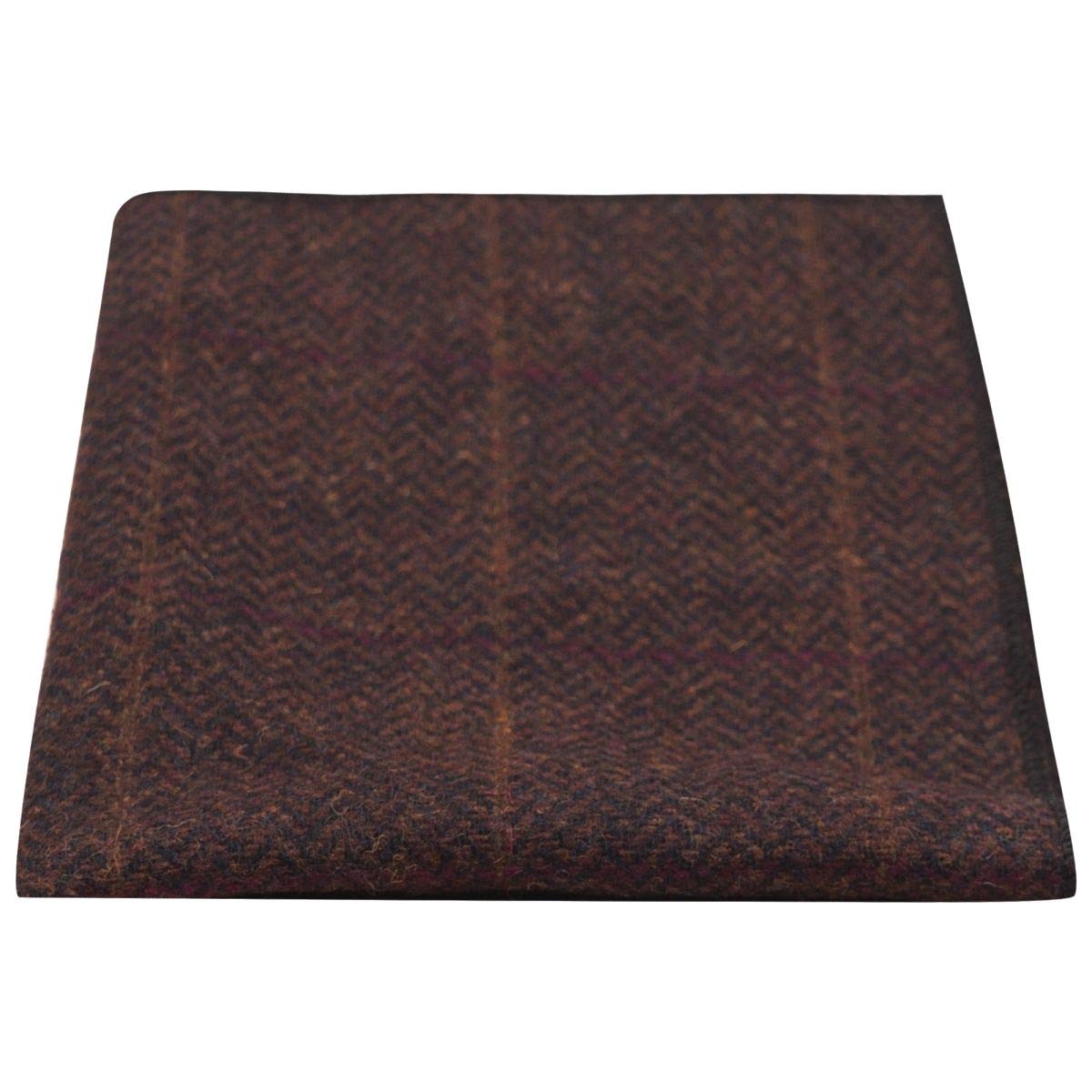 King & PrioryLuxury Mahogany Herringbone Check Pocket Square, Handkerchief, Tweed