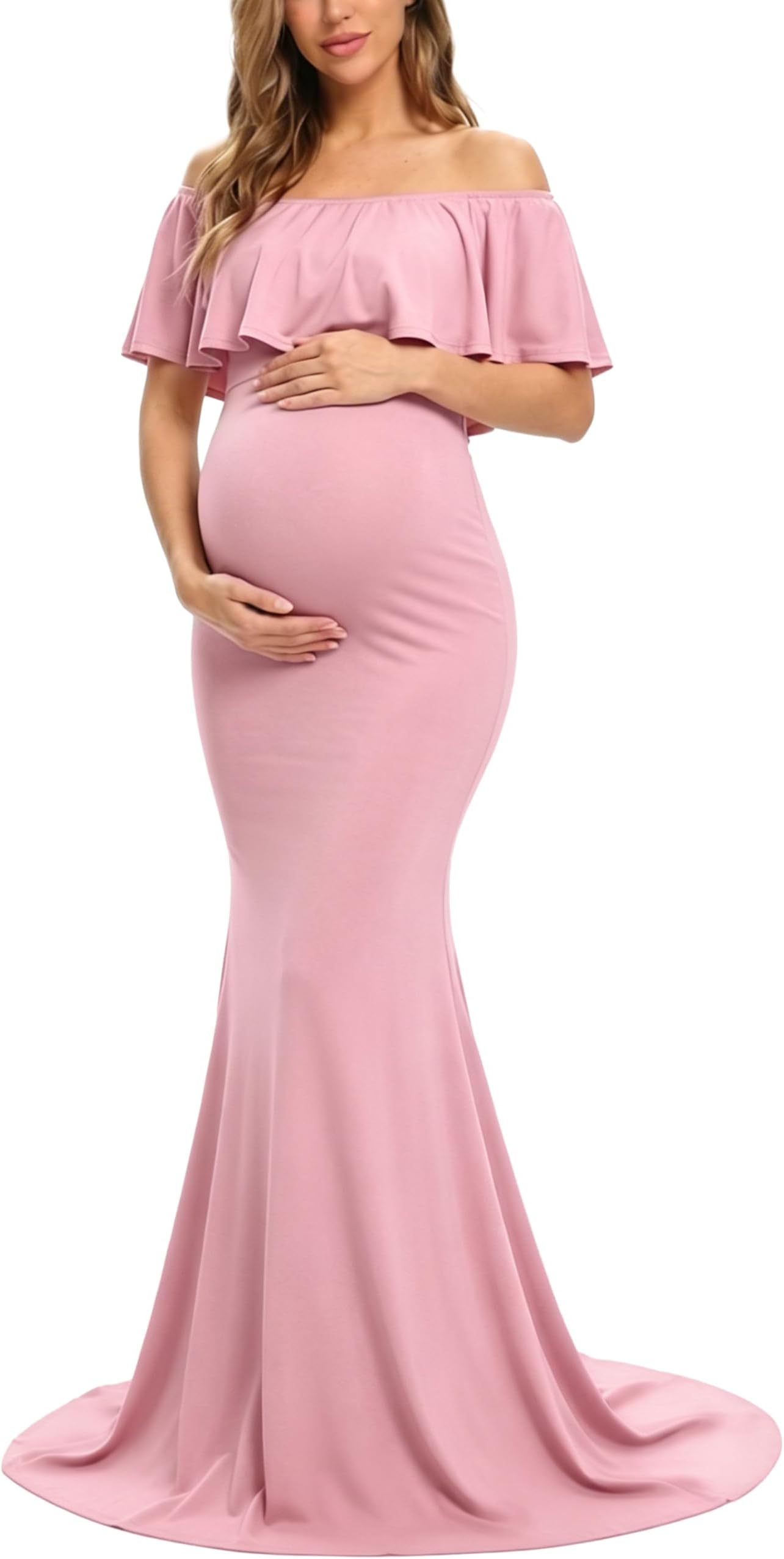 Glampunch Womens Off Shoulder Maternity Dress Ruffles Elegant Slim Gowns Fit Maxi Photography Dress
