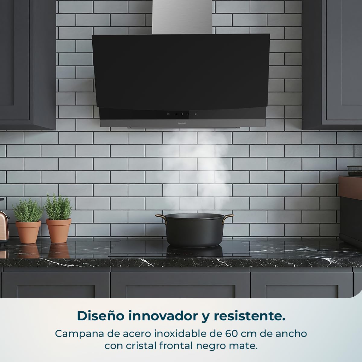 Cecotec Campana Extractora 60cm Decorativa Bolero Flux DT 604400 Matt Black A+++. Succión 416,5m³/h, 3 Velocidades, Bajo Consumo, Motor DC, Control de Movimiento y Táctil, Cristal Mate, Cuerpo Inox