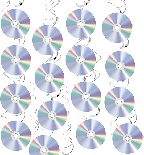 Miniatura 1 de Decoraciones de CD, Kaluofan 32 piezas de decoraciones de papel retro de los años 90, decoraciones de pared de CD iridiscentes para fiestas de