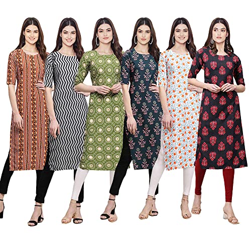 Image of Pinkmint Women's Crepe Digital Print Straight Kurta [Pack of 6] (CKE-329-353-330-333-341-343)