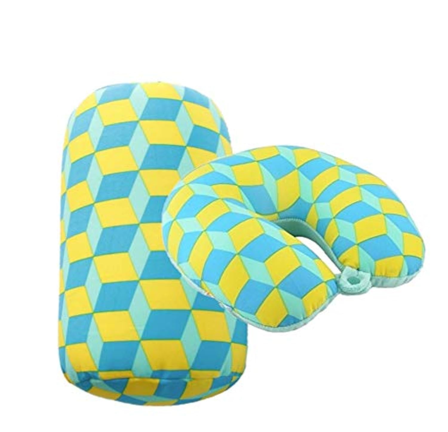 Bookishbunny 2pcs Micro Bead Set U Shaped Neck Travel Pillow 12" x 12" x 4" and Roll Back Pillow Cushion 13" x 7", Various Designs (Blue Yellow)
