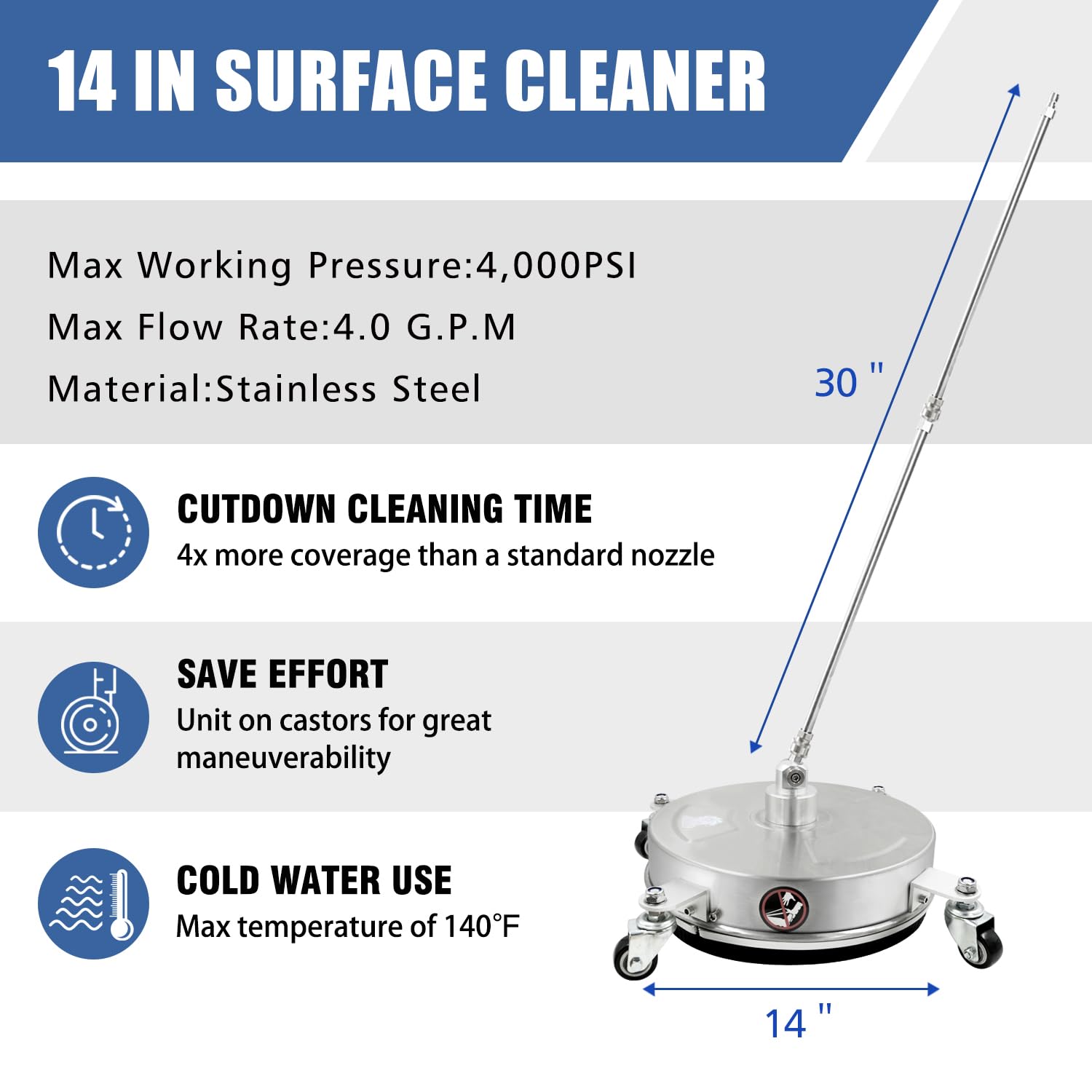 janz Pulitore per superfici idropulitrice da 35,6 cm con 4 ruote, alloggiamento in acciaio inossidabile, spina rapida da 1/4", 2 bacchette di prolunga, 2 ugelli di ricambio e 3 ugelli spray, 4000 PSI