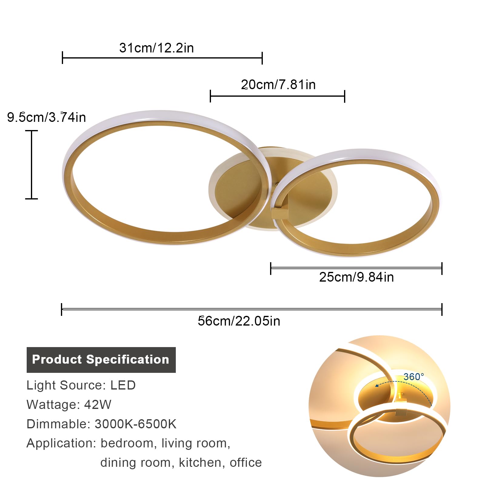 Riserva LED Ring Deckenleuchte Dimmbar, 42W Deckenlampe LED Rund mit Fernbedienung, 3000-6500K, Gold Deckenbeleuchtung Modern für Wohnzimmer, Schlafzimmer, Esszimmer, Korridor, Balkon