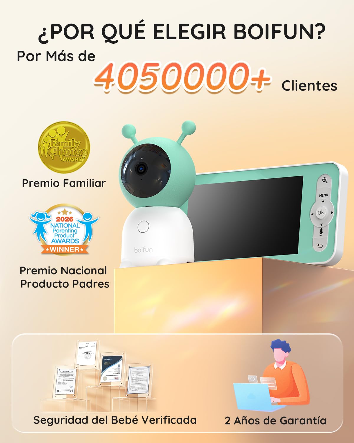 BOIFUN 2K Camara Vigilancia Bebe, Luz Nocturna Infantil, Teléfono Móvil y Monitor 5", Monitoreo de Movimiento, Seguimiento Automático 360°, Alarma de Área Personalizada, Zoom 4X, Material ABS Seguro