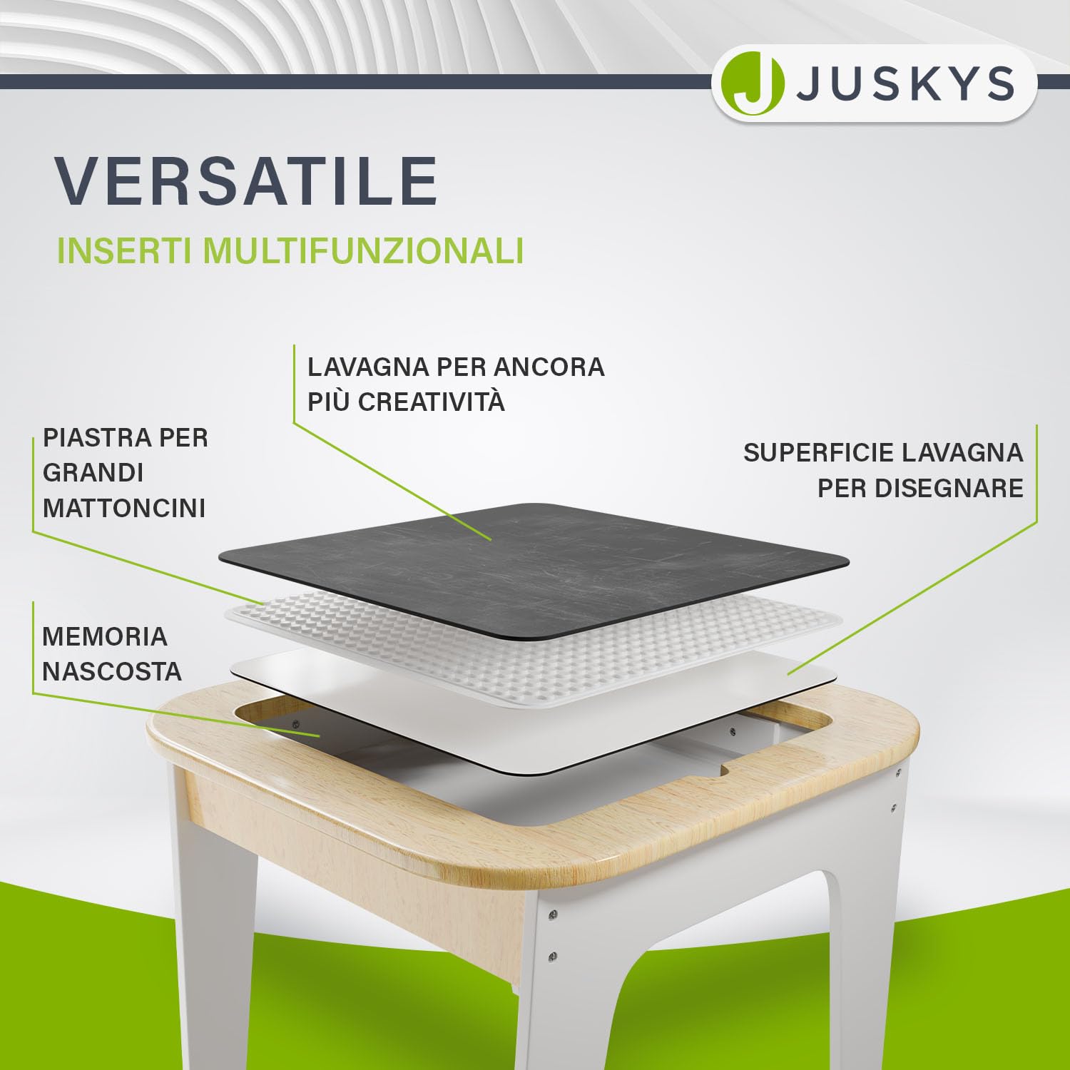 Juskys Set da tavolo per bambini Milou - 2 sedie & 1 tavolo in legno con spazio contenitore - set gioco e disegno per bambini - naturale