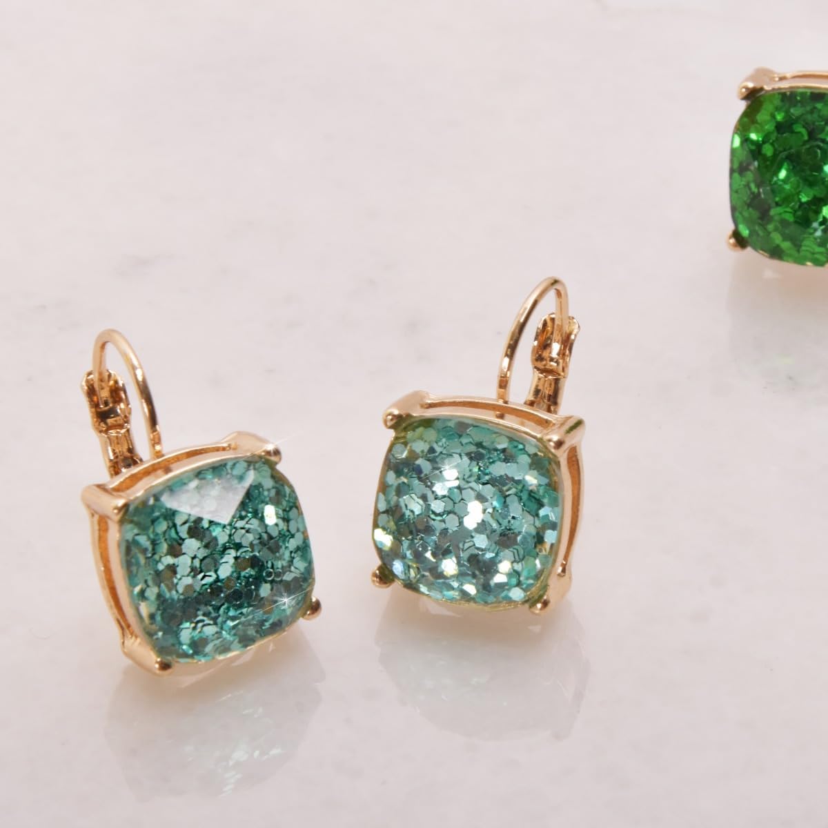 Sparkly Square Earrings for Women - Colorful Leverback Dangle Earrings for Women, Large Glitter Statement Earrings