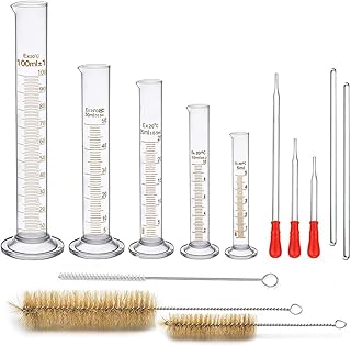 Glass Graduated Cylinder Set, OYIKSIC 5pcs Lab Measuring Cylinders 5ml 10ml 25ml 50ml 100ml, with 3pcs Glass Dropper Pipettes, 3pcs Cleaning Brush and 2pcs Glass Stir Sticks, Borosilicate 3.3 Glass