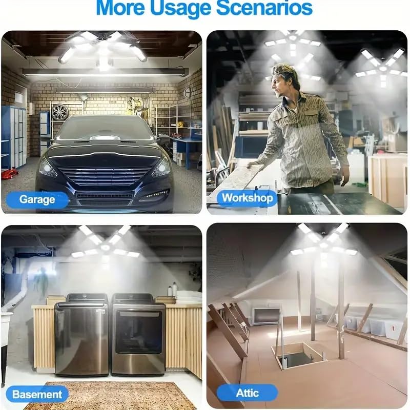 Image of 2 Packs LED Garage Light, Super Bright Screw in E26 /E27 Ceiling Shop Work Lamp, 260W 26000 Lumen Deformable Basement Bulb Fixture with 10+1 Adjustable Panels, Lighting for Workshop, Attic