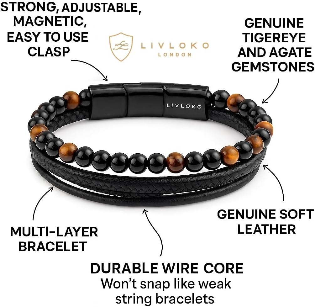 LONDON Mens Bracelet Leather Black Multi-Layer Stone Beads Magnetic Adjutable Steel Clasp Viking Rope Bands Surfer Man Wristband Male UK Jewellery Gift box Boyfriend Dad Son Brother Tiger Eye - Image 2