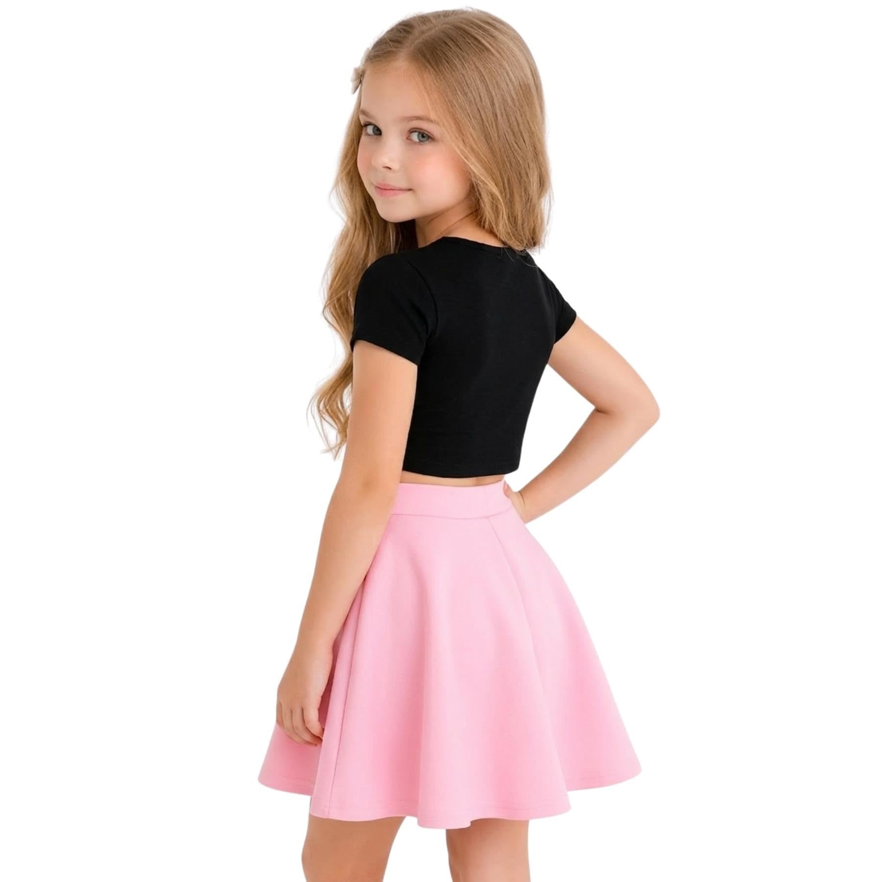 Janisramone Completo estivo da bambina, con top corto svasato, gonna svasata, per feste scolastiche, set da 2 pezzi, 3-13 anni