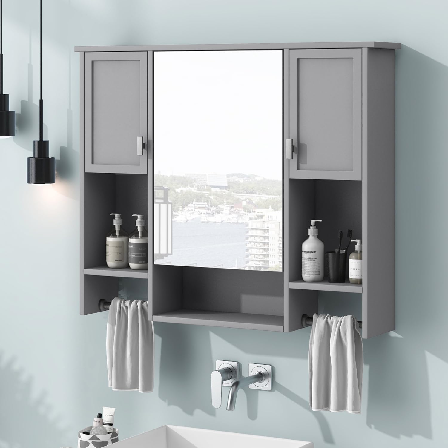 Geelife 35" x 28" Modern Wall Mounted Bathroom Storage Cabinet, Bathroom Wall Cabinet with Mirror, Cabinet with Towels