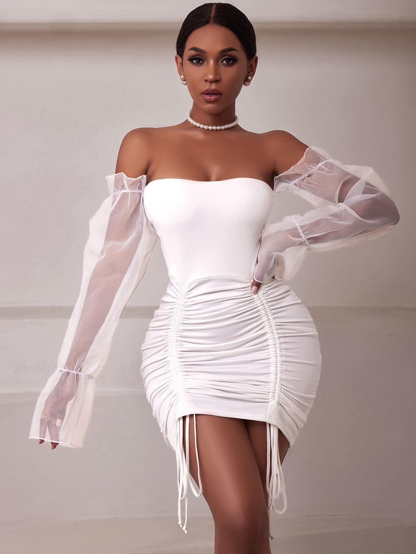 white sheer bodycon dress The Mode Sheer Knit Off The Shoulder Maxi Dress in White