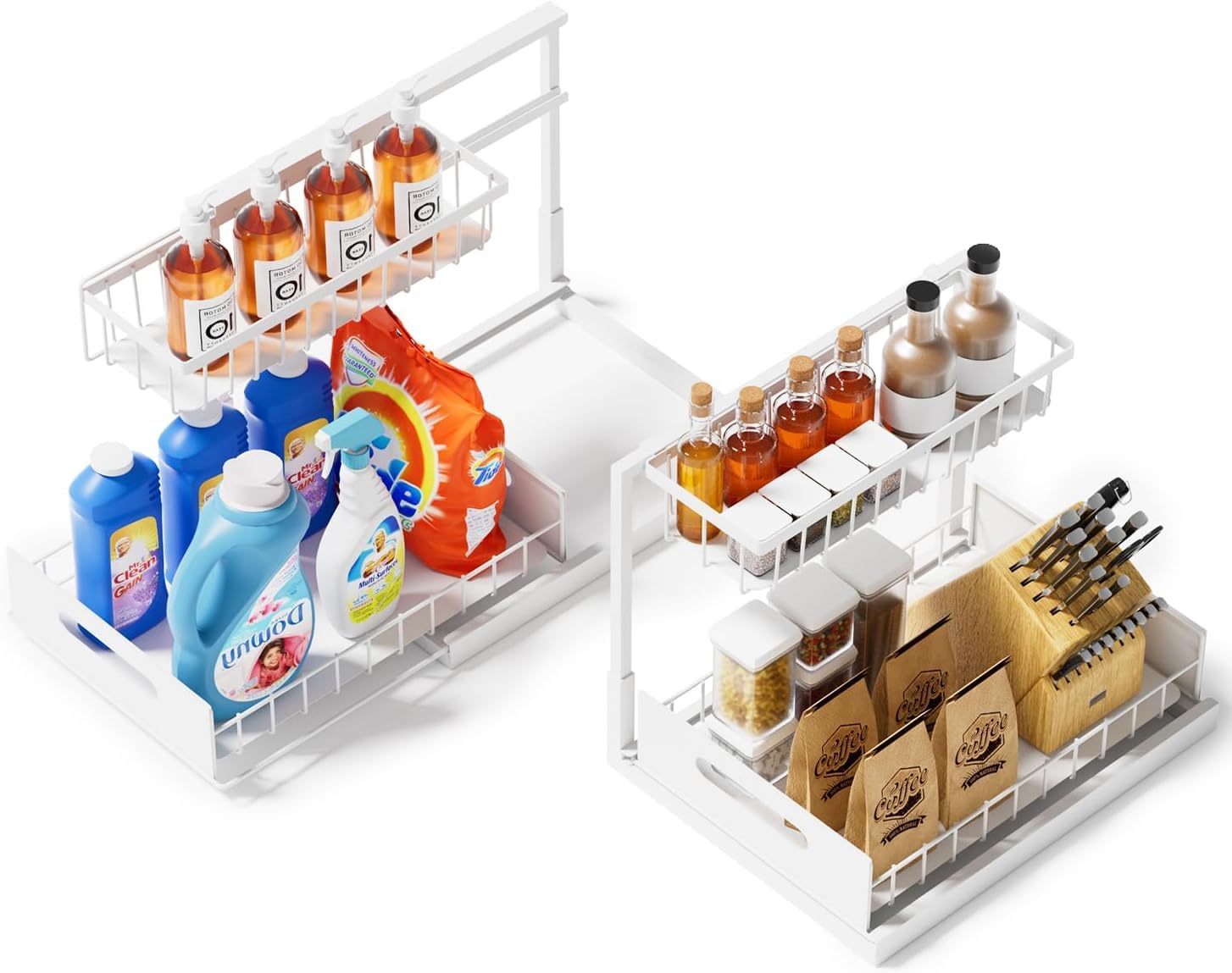 Aoresac Organizador Cocina 2 Paquete Deslizantes 2 Niveles para Debajo del Fregadero, Extraíble Estante Almacenamiento, Forma de L (Blanco)