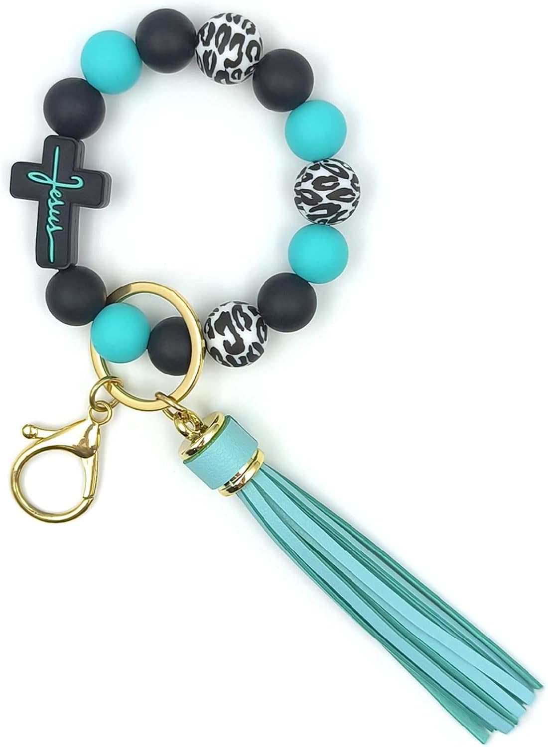 SHINYHARBOR Silicone Beaded Wristlet Keychain Bracelet with Jesus Cross & Leather Tassel for Women Girls