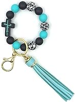 SHINYHARBOR Silicone Beaded Wristlet Keychain Bracelet with Jesus Cross & Leather Tassel for Women Girls