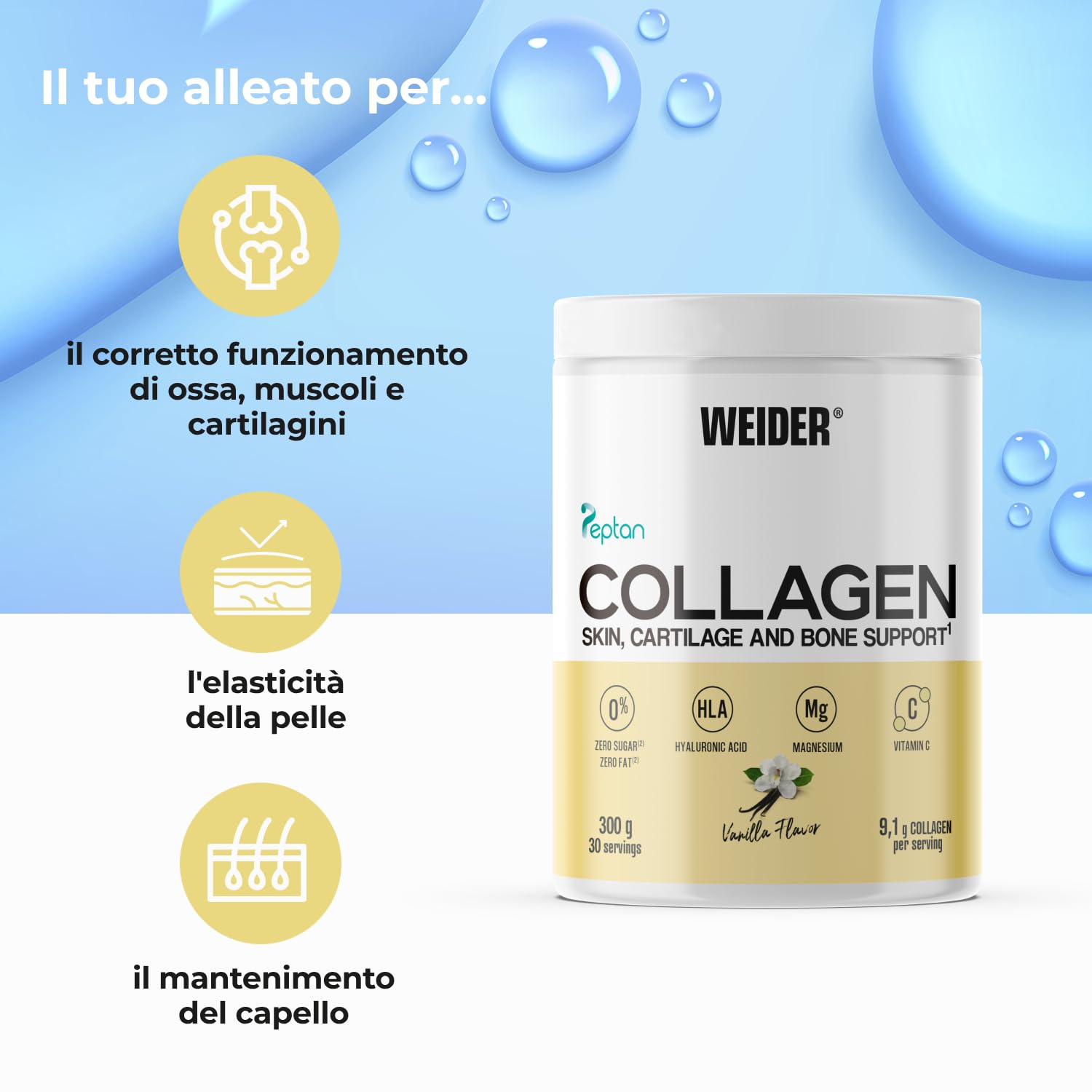 Weider Collagen PACK DUO (2x300g) Vaniglia, Collagene Bovino in Polvere | con Acido Ialuronico, Magnesio e Vitamina C, Peptidi di Collagene 100% Qualità Peptan, Senza Zucchero, Senza Grassi, Keto