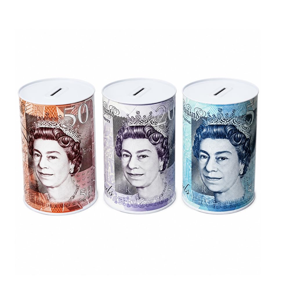 Bargain House Money Tin Saving Box, Cylindrical Piggy Bank for Notes and Change, Random £20 or £50 Note Design, for Kids and Adults (Random Tin will be sent Pack of 1)