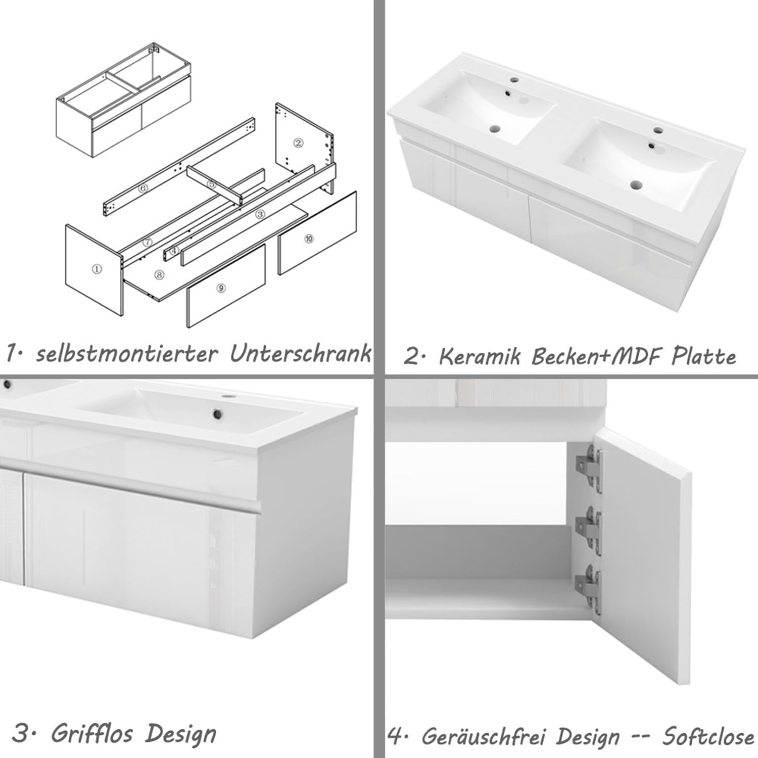 Badezimmer Badmöbel 120cm Keramik Waschtisch mit Unterschrank Hängeschrank Hochglanz Weiß Badezimmerschränke Badschrank mit 2 Soft-Close Türen