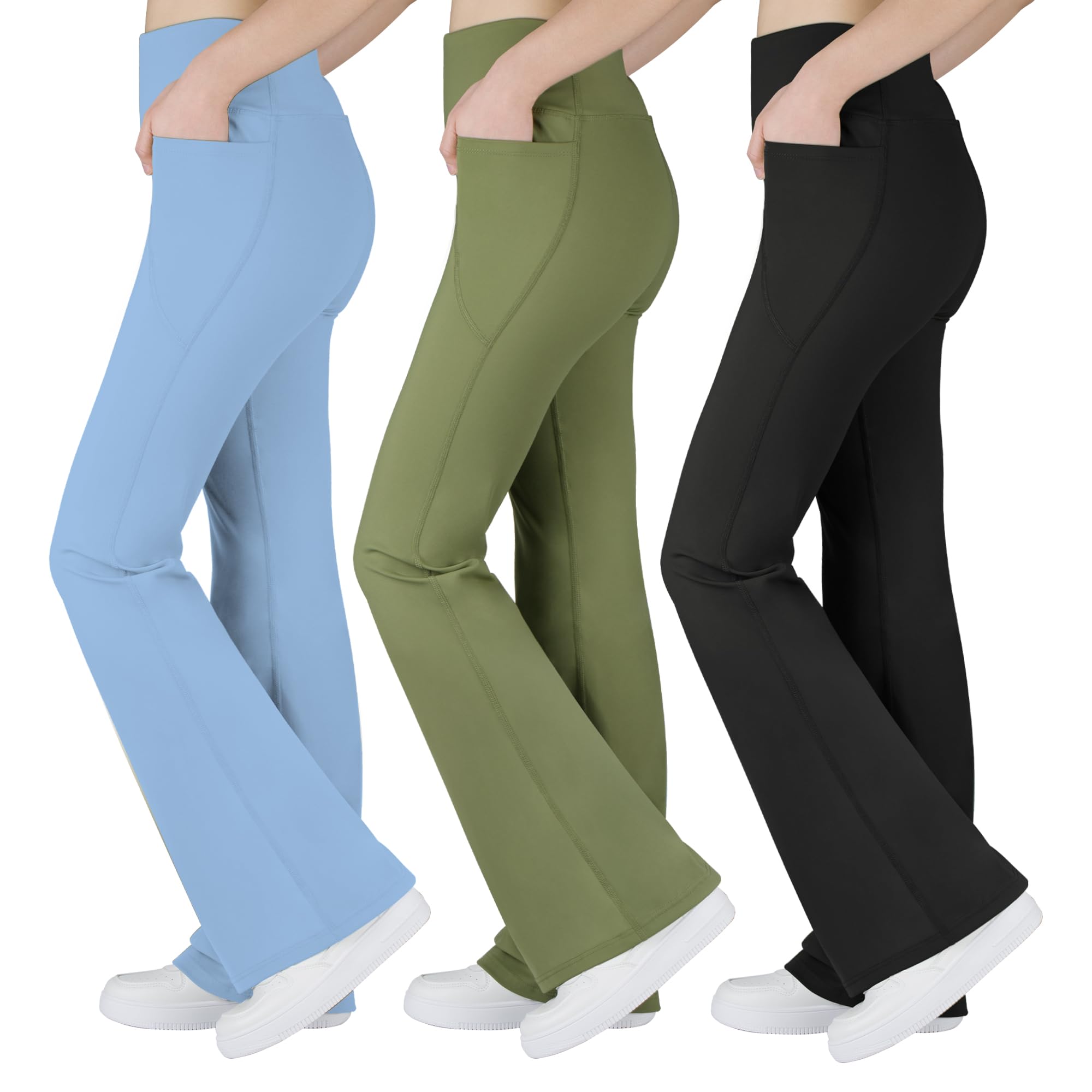 BIG ELEPHANT Girl's Flare Leggings with Pockets, Kids Bootcut Yoga Pants, High Waisted Bell Bottoms for Dance