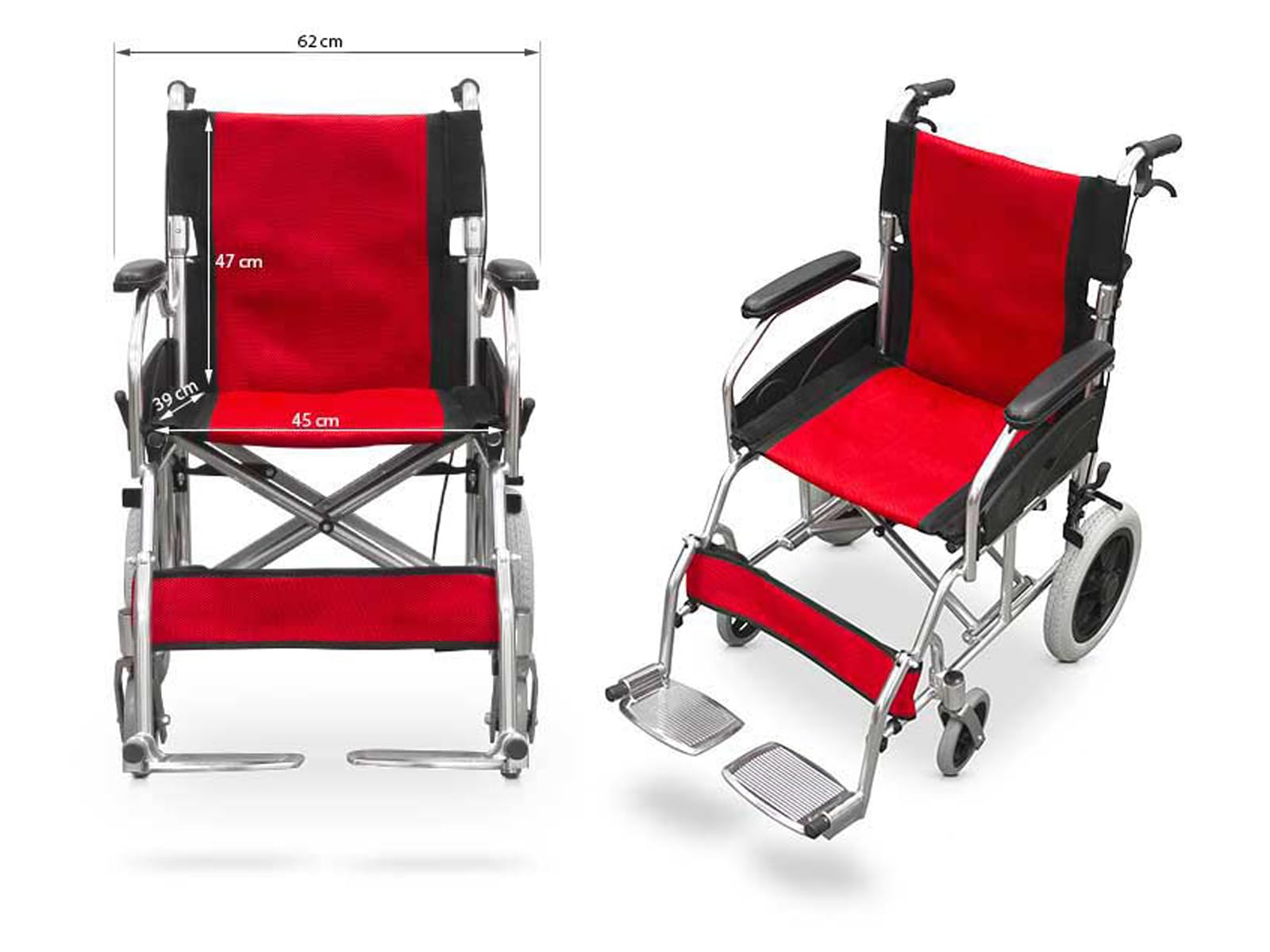 QUIRUMED Silla de ruedas plegable para traslado, Estructura de aluminio, Ultraligera, Frenos de acompañante, Plegado Compacto, Ortopédica, Para minusválidos