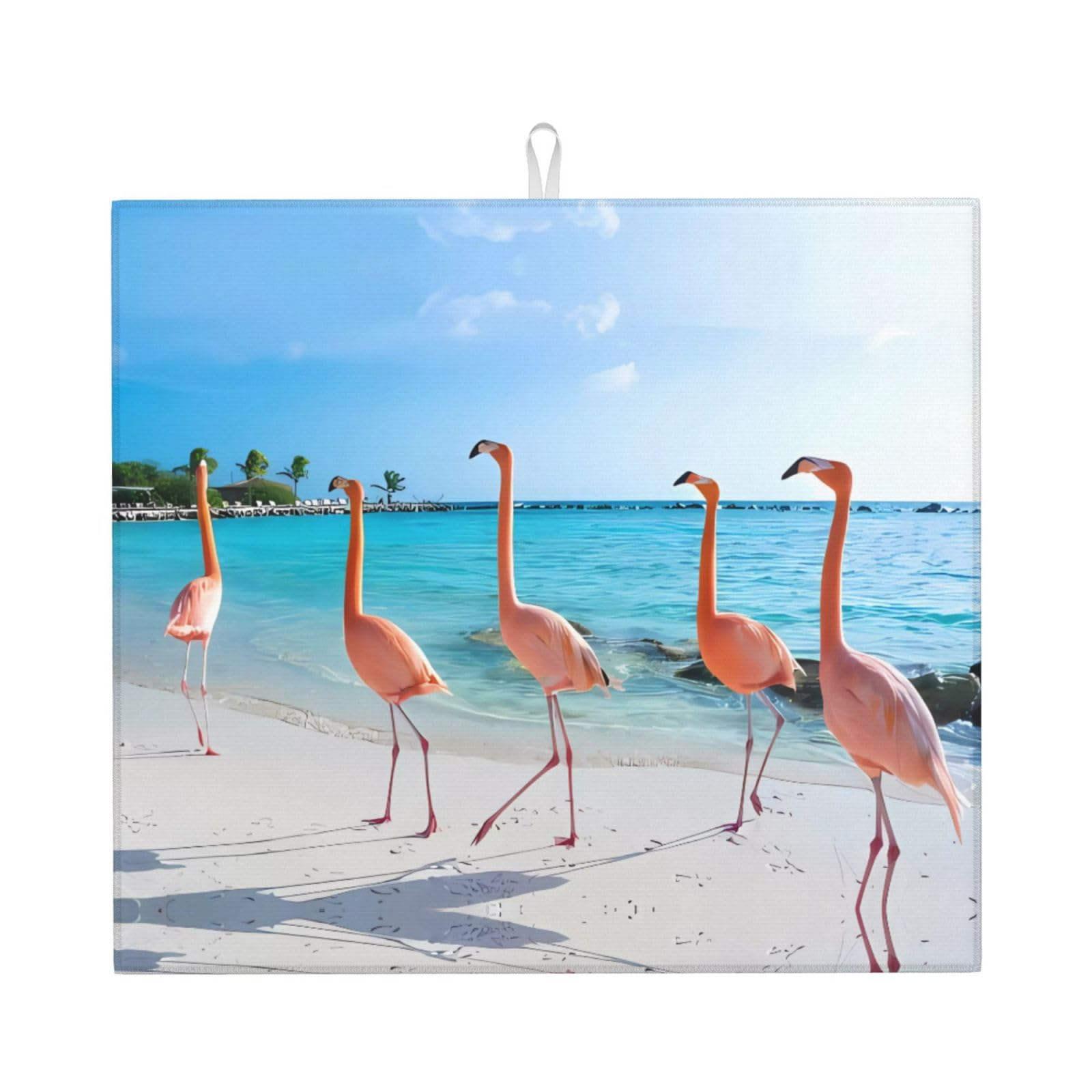 HJFCZH Beach Flamingos Prints Kitchen Drying Mat – Absorbent Microfiber Throw for Dishes, Non-Slip Counter Cover, Quick-Drying Layer with Fade-Resistant Print