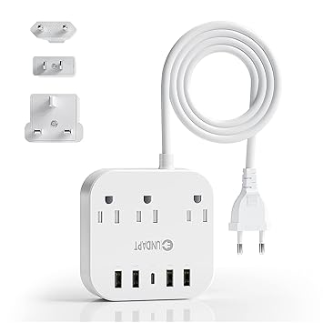 European Travel Plug Adapter, Unidapt US to UK Europe Plug Adapter, Power Strip for EU/UK/US with USB C and 4 USB Ports, 3 AC Outlets, Wall Mountable, 5ft Extension Cord, for Travel Cruise Ship Home