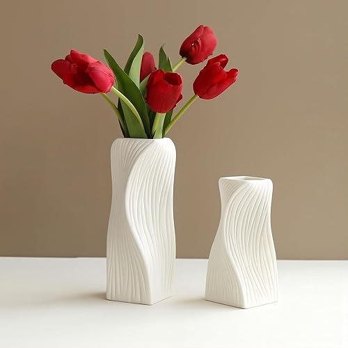 Miniatura 9 de Juego de 2 jarrones de cerámica blanca para decoración moderna del hogar, jarrones bohemios decorativos para sala de estar, mesa de café,