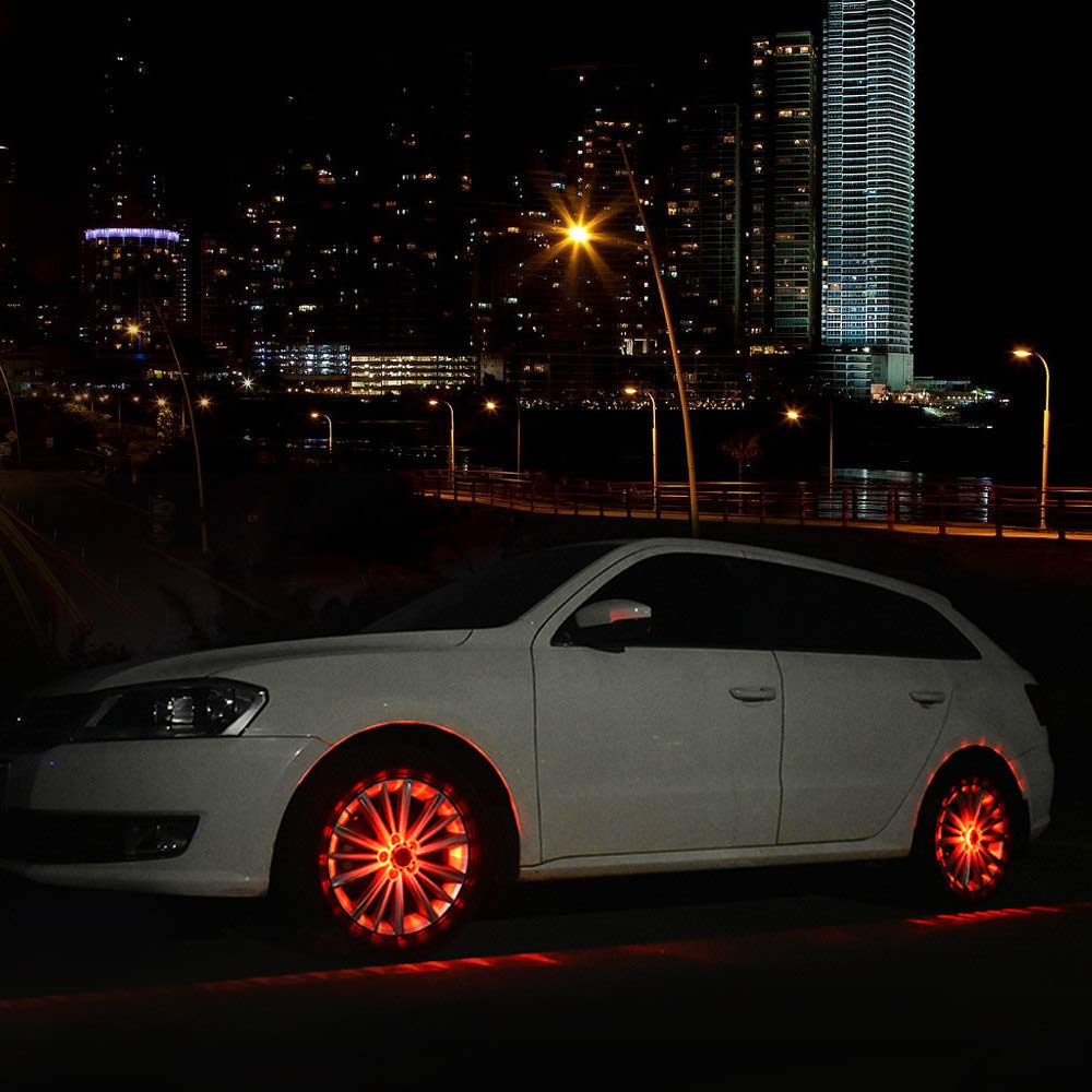 ZH-VBC Led Lights for Cars Wheels, Waterproof Solar Led Flashing Light Car Tire Decoration Fitting Hot Wheel, RGB Flashing Colorful Exterior Lights, Safety Warning Light, 4pcs,Red