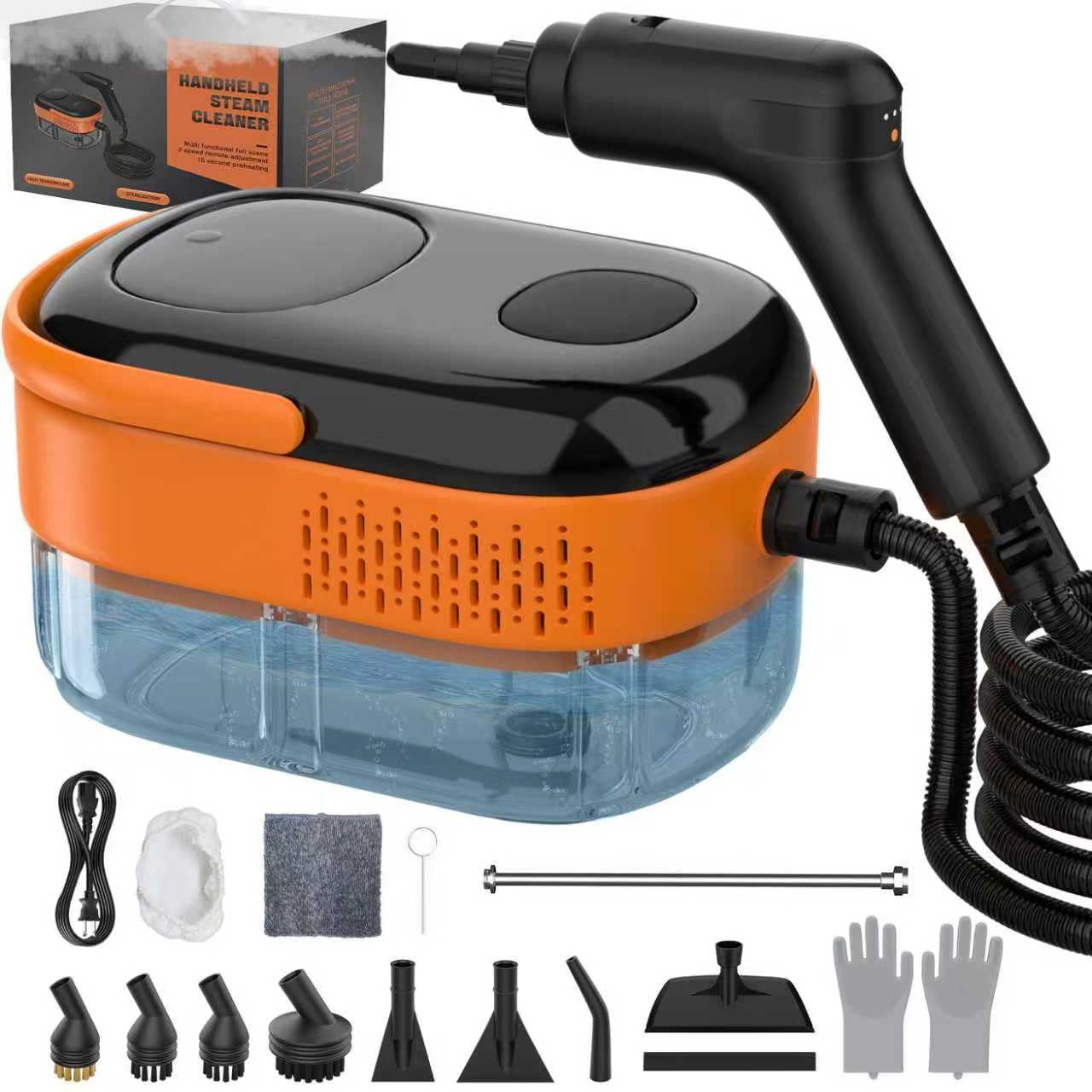 Koutop handheld steam cleaner with orange body and car detailing accessories