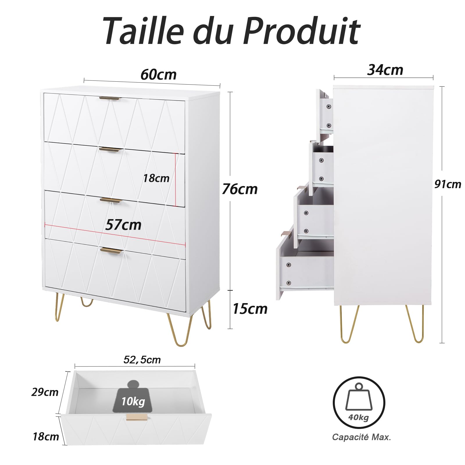 UEV Commode 4 Tiroirs, Meuble de Rangement Bois, Style Simple et Élégant, Manche et Pieds Couleurs Dorées, 60 x 34 x 91 cm, Buffet pour Chambre, Salon, Bureau, Blanc