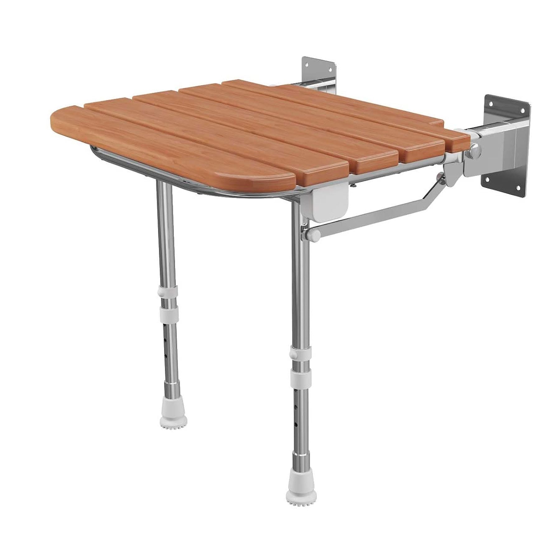 ECOSPA Wall Mounted Folding Wooden Shower Seat with Adjustable Legs, Compact Bathroom Mobility Aid