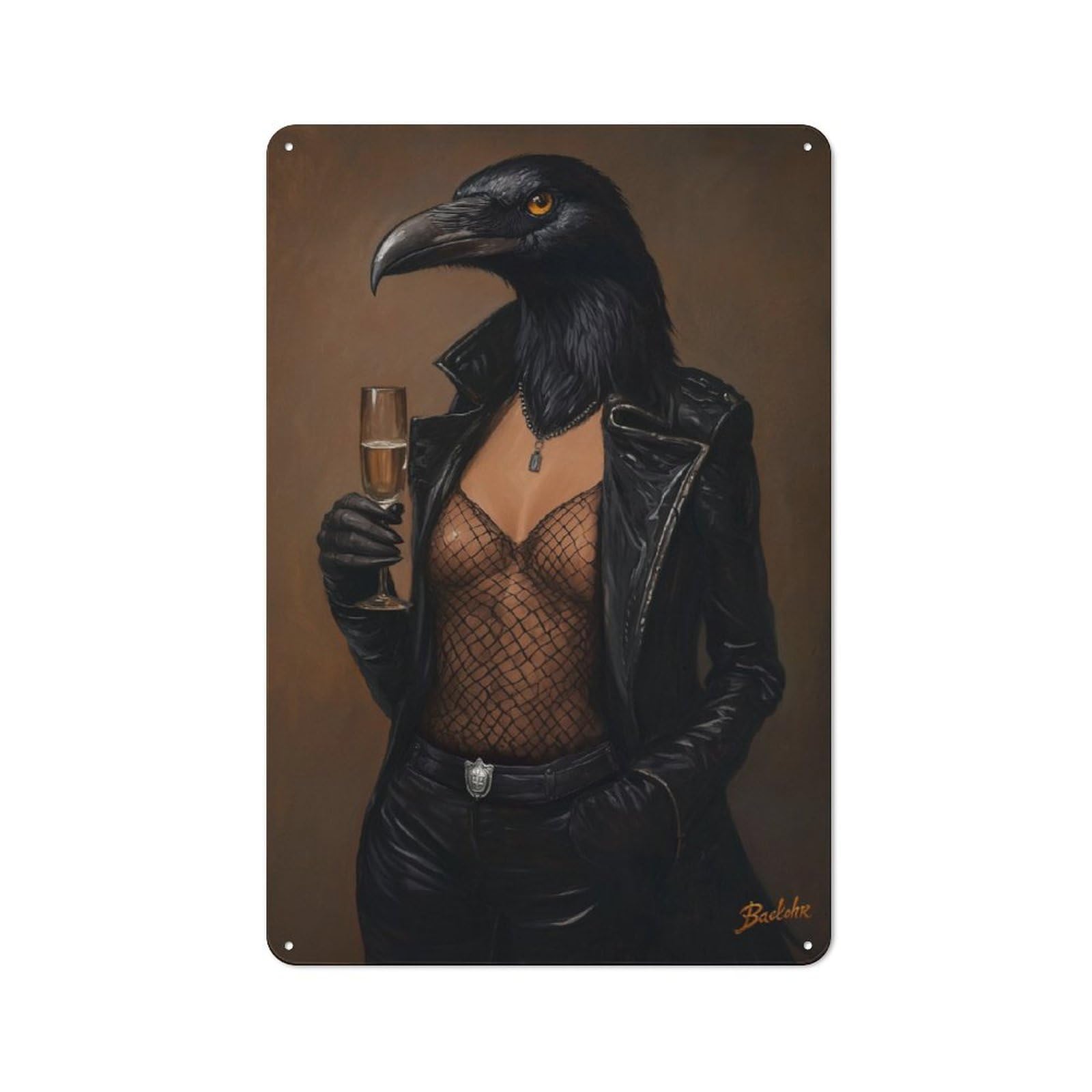 Tin Wall Plaque 30x20cm with Raven Woman in Leather for Living Room Or Hallway, A Decorative Christmas Gift for Home Wall Decor Collectors