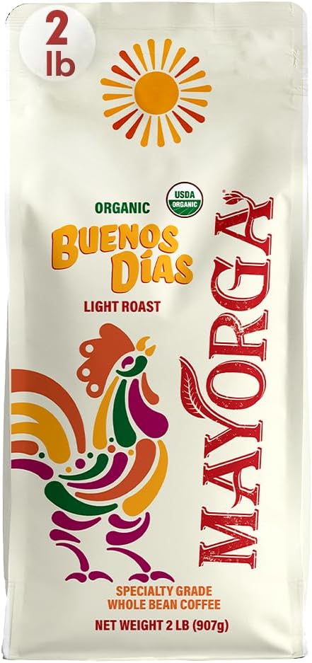 Mayorga Organic Coffee 2lb Buenos Dias - Light Roast Whole Bean Coffee Specialty Grade, 100% Arabica, Slow Roasted, Citrusy and Sweet Flavor with Low Acidity - USDA Organic, Non-GMO, Kosher