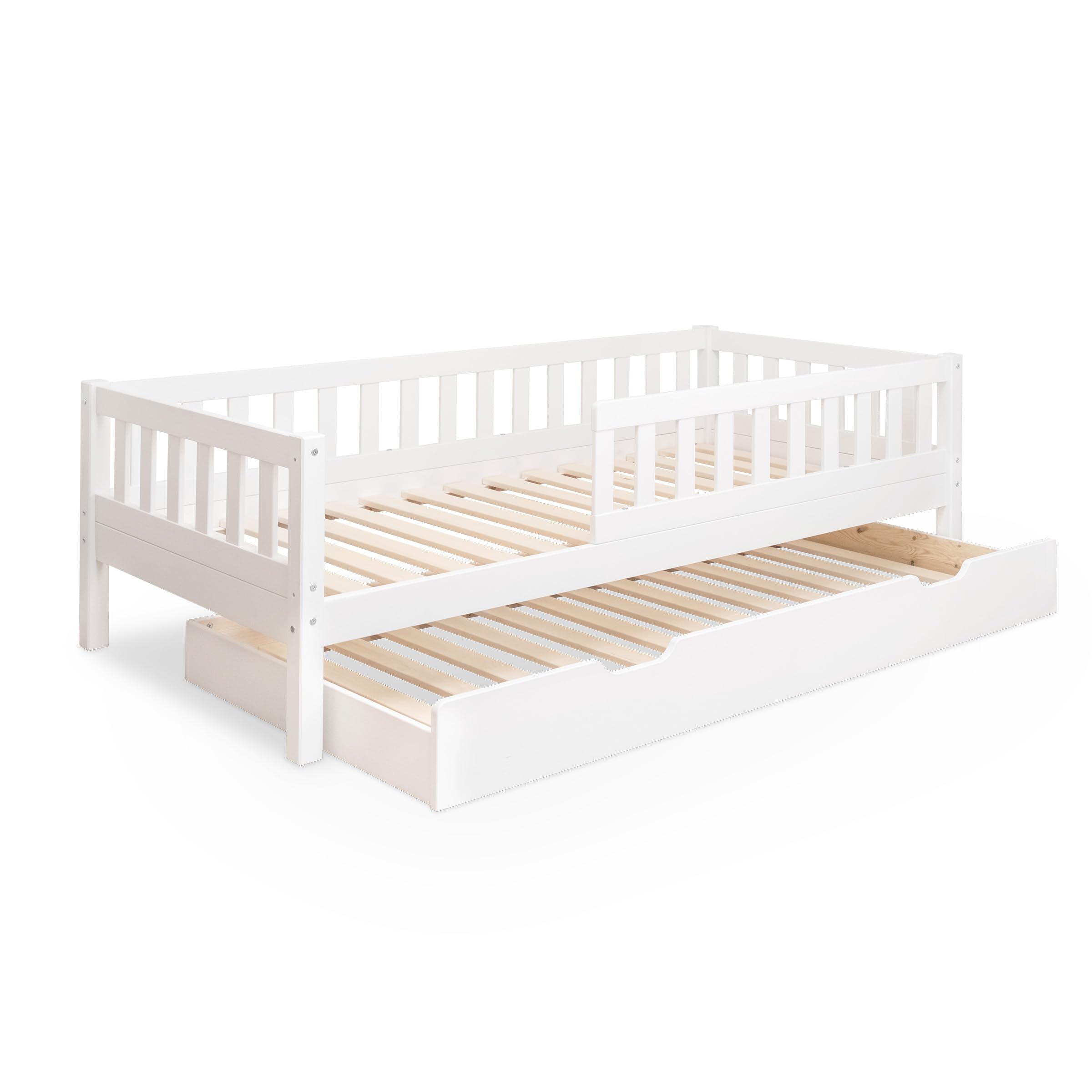 Ehrenkind® Kinderbett Lille | Kinderbett 90x200 cm inkl. abnehmbaren Rausfallschutz und Bettkasten aus Massivholz FSC® zertifziert | Jugendbett 90x200 Weiß