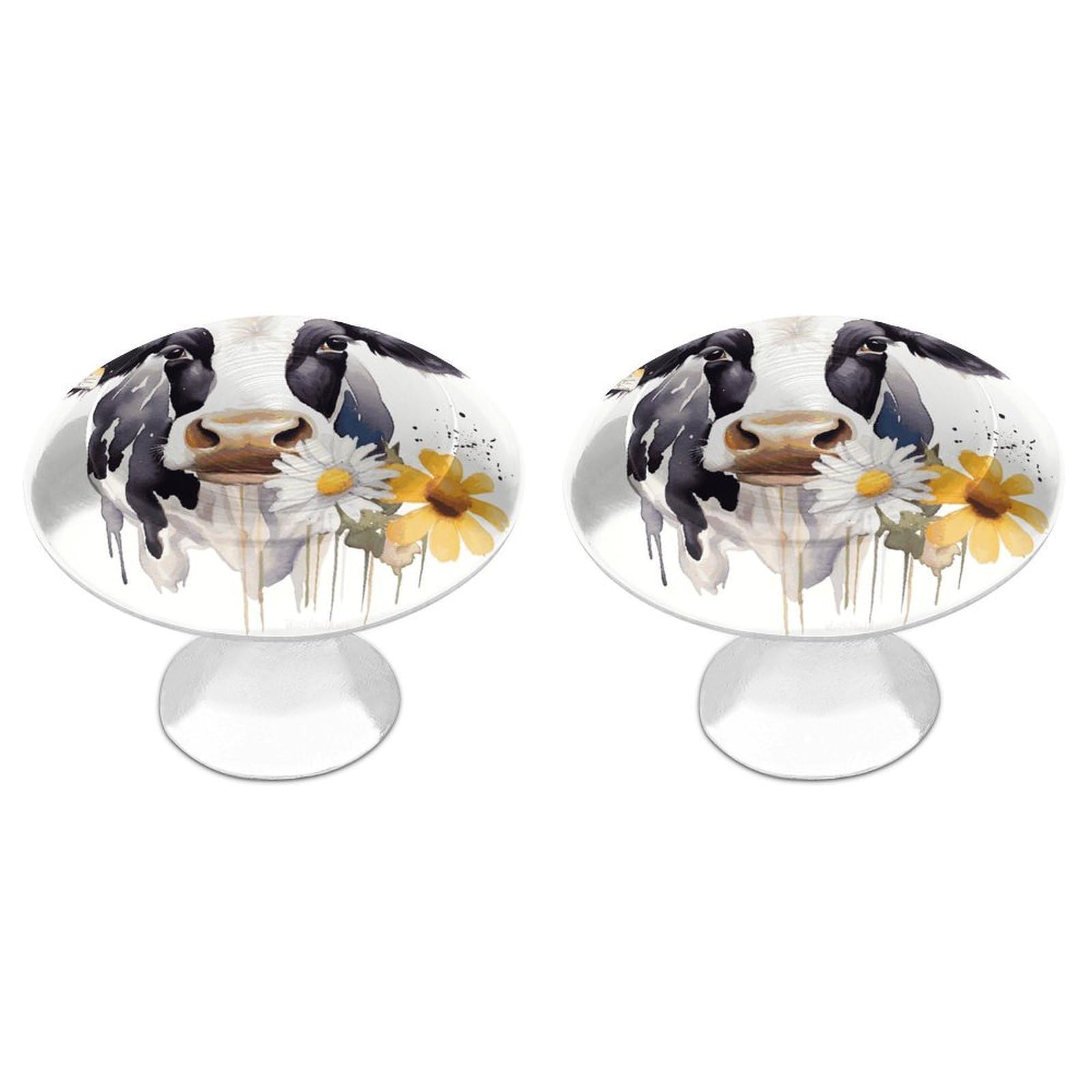 FekiLoot Watercolor Cow and Daisy Flower Cabinet Knobs Personality Stainless Steel Round Drawer Handles Circle Modern Cabinet Handles Drawer Knobs for Kitchen Dresser Bathroom Cupboard Furniture