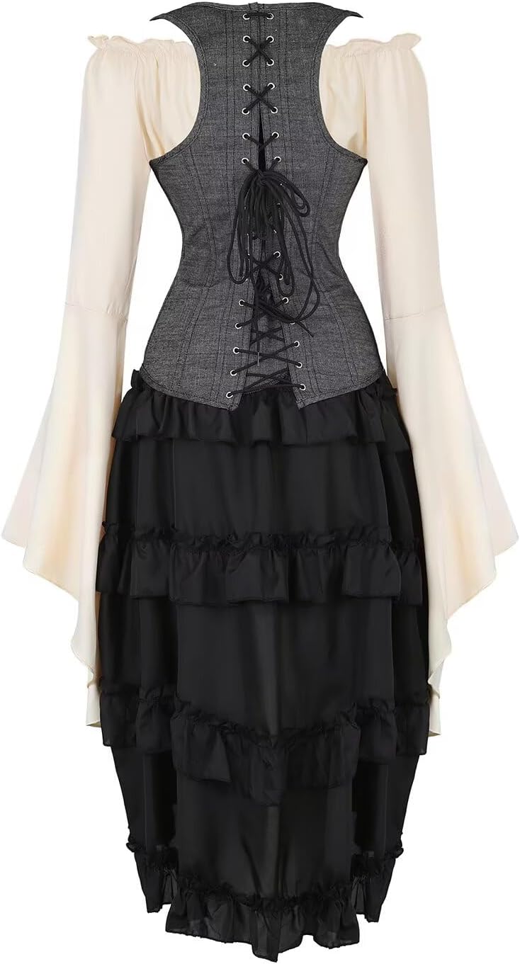 Jutrisujo Underbust Corset Dress Top Straps Skirt with Tutu 3 Set Plus Size Vintage Lace up Gothic Denim Blue
