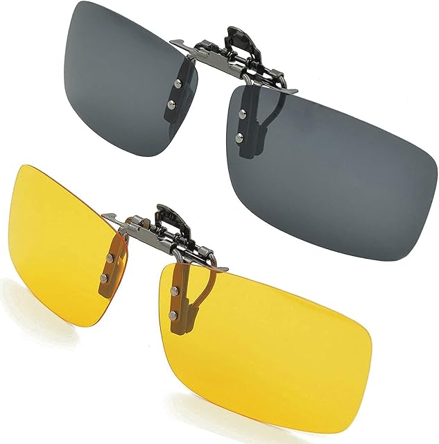 MOTTDAM Polarized Lens, Unisex Polarized Frameless Rectangle Lens Flip Up Clip on Prescription Sunglasses Eyeglass, 2-Piece clip on glasses + Night Vision Glasses - Black