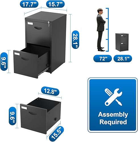 Miniatura 3 de Archivador de metal con cerradura, archivadores verticales con 2 cajones, gabinete de archivo de bloqueo negro para oficina en casa, gabinete de