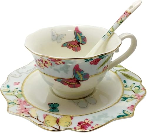 Krysclove Taza de té de cerámica vintage, elegante taza de café, tazas de té de hueso real con cuchara y juego de platillo (azul)