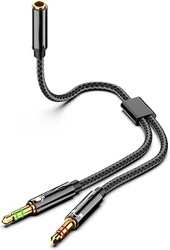 Audio Cable, 0.1 inch 3.5 mm, 4 poles, 3 poles, 4 poles female to 3 poles 2 male, Microphone, Conversion Cable, 0.1 inch 3.5 mm, Conversion Cable, Stereo, Hi-Fi Sound Play, Multiple Shielding, Durable Nylon Braided 24K Gold Plated Connectors, Mic Input/Headphone Output, Plug-Down Design, 9.8 inches 25 cm