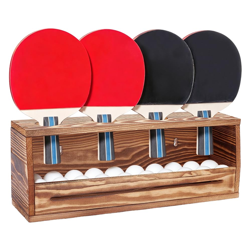 PH PandaHall Rastrelliera da ping pong da parete, organizer per racchette da ping pong, in legno, con ripiano per 4 racchette, ufficio, casa, bar