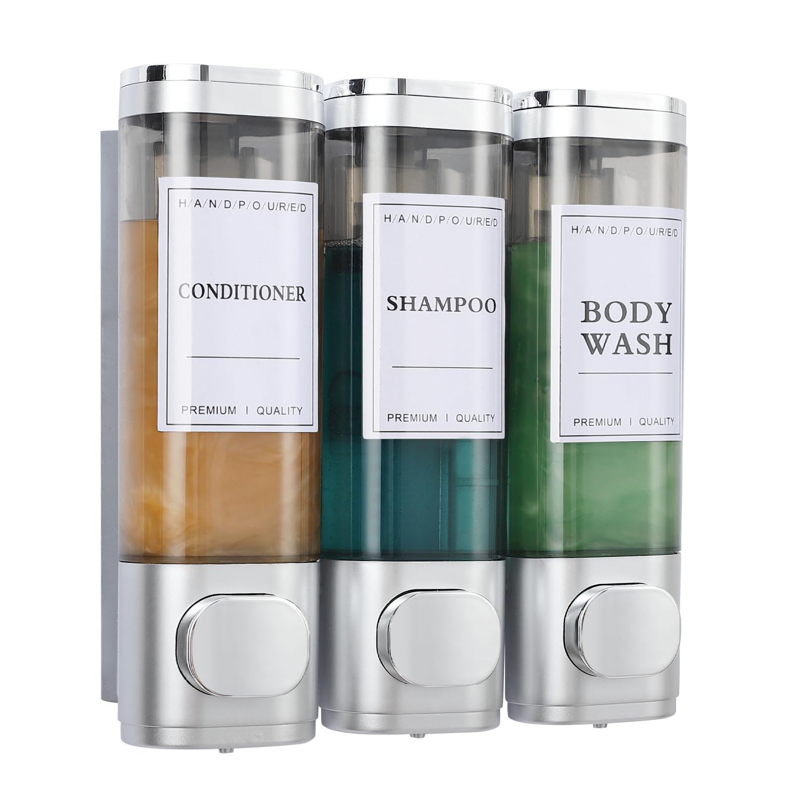 Dispenser per shampoo e balsamo, dispenser per shampoo doccia a 3 camere, senza foro, per doccia, montaggio a parete, per bagno, hotel, cucina, 3 x 300 ml, grande capacità, argento