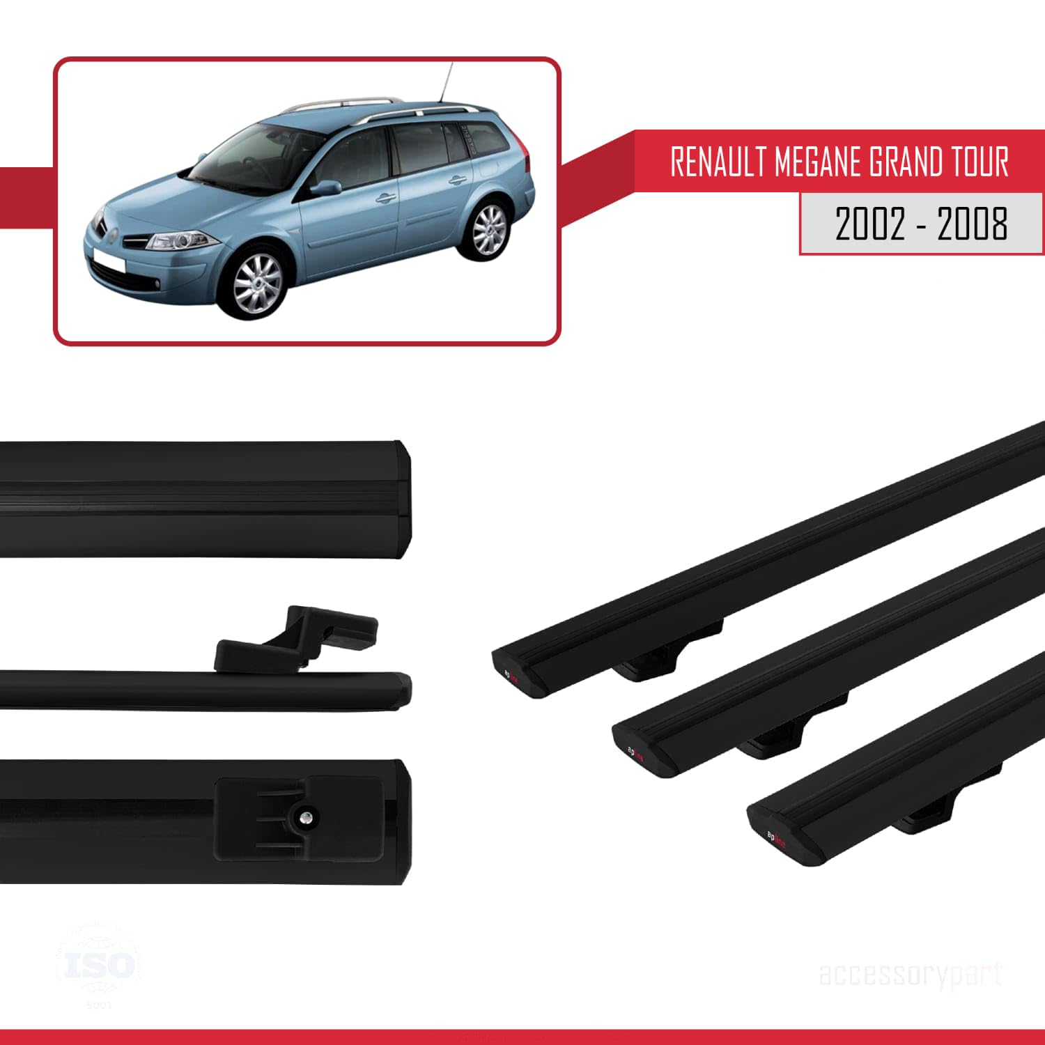 MDAK Bagażnik dachowy kompatybilny z Renault Megane Grand Tour 2002-2008 Basic Model, bagażnik dachowy, czarny, aluminium, 3 drążki