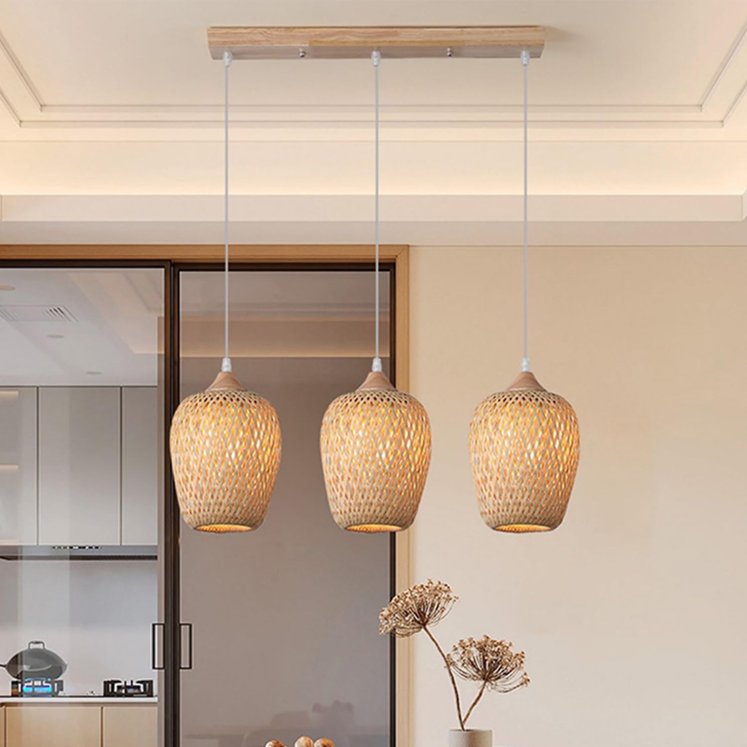 Lampada A Sospensione In Bambù Intrecciato Lampadario Artigianale Ellittica Sospensione Vintage Industriale E27 For Isola Cucina Sala Da Pranzo Soggiorno(3-flammig)