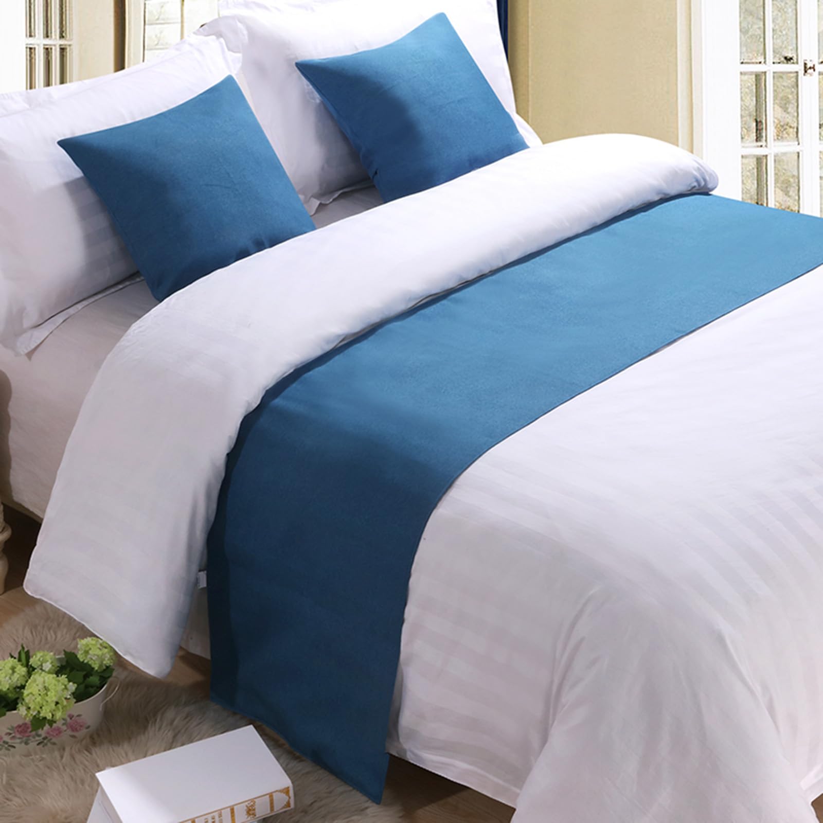 QRGMKL Premium Bed Runner for Foot of Bed, Solid Color Bed Scarf Cotton Linen Bedspread Home Decoration Hotel Bedroom Bedding Protector-Sea Blue||260X50cm for 2m Bed