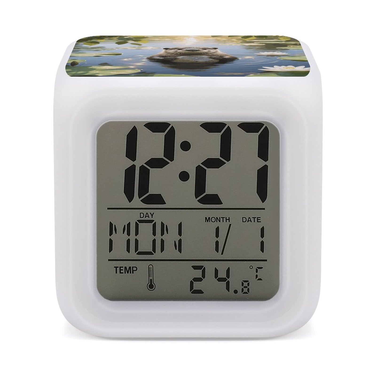FodPand 7 Color Ambient Night Light Cube Battery Operated Otter Digital Clock with Snooze Temperature LED Digital Alarm Clocks Dimmable Wake Up Light Portable Mood Lamp for Bedroom Desk Gift