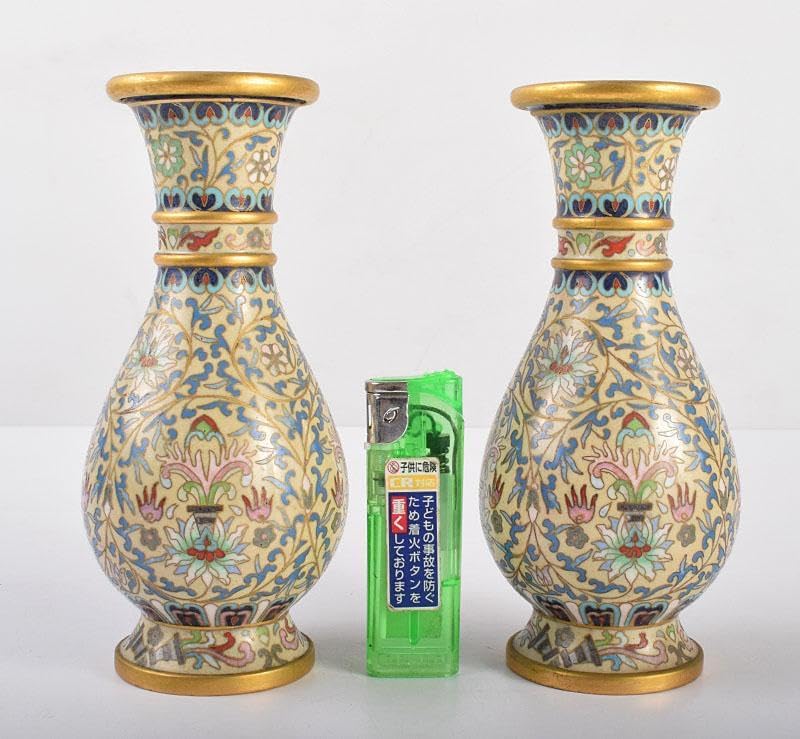 中国 古七宝琺瑯彩 花唐草文瓶 一對 唐木台付 M R4059