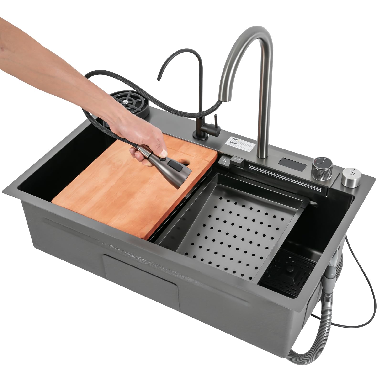 Fregadero de cocina con cascada, acero inoxidable con indicador de temperatura, grifo extensible, sifón, rebosadero y desagüe, moderno fregadero empotrable para cocina